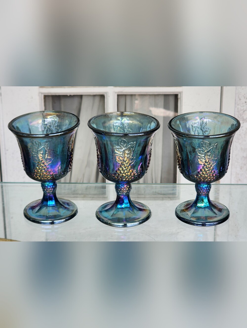 Vintage Indiana Carnival Glass Blue Iridescent Goblet Harvest Grapes Set Of 3
